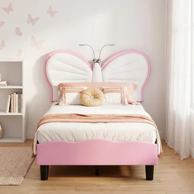 Immagine prodotto di Letto a forma di principessa INONEFT con lampada da lettura, 90x200 cm, letto per bambine, testiera a forma di farfalla, letto imbottito, letto singolo