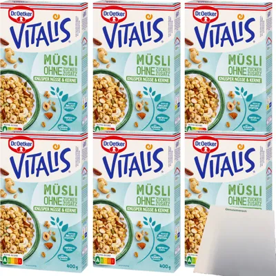 Produktbild von Dr. Oetker Vitalis Müsli Knusper Nüsse und Kerne ohne Zuckerzusatz 6er Pack (6x400g Packung) + usy Block