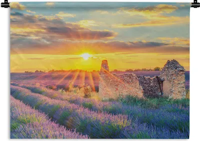 Produktbild von MuchoWow® Wandteppich Wandbehang Lavendel - Sonnenuntergang - Ruine - Lila 90x67.5 cm Tapisserie Dekoration Wandtuch - Fototeppich - Wand-Skulpturen