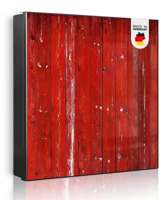 Produktbild von banjado Schlüsselkasten aus Metall, 30x30cm groß mit 32 Haken, als Magnettafel nutzbar, Korpus schwarz, Anschlag rechts, Rote Holzlatten [SKG1 10748]