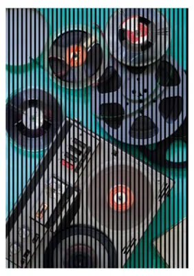 Produktbild von Akustikpaneele mit Digitaldruck Tape02 19 x 1693 x 2400 mm Musik Kassettenspieler MDF PET-Fasern Wandpaneele Grün Grau 3 Einzelplatten