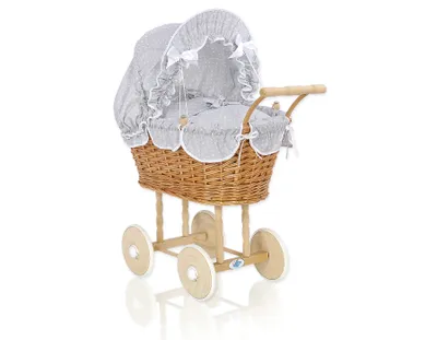 Produktbild von Wiklinwagen für Puppen mit grauer Bettwäsche von MY SWEET BABY - Handgefertigter Korb und stabiles Holzuntergestell