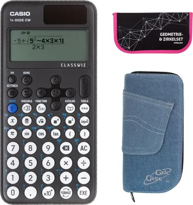 Produktbild von Casio FX-85 DE CW mit Jeans-Tasche hellblau, und Zirkelset pink