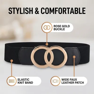 Obrázok produktu pre Dámsky Elastický Pás 5 CM, Kožený Pás, Stretch, Nastaviteľná Dĺžka 70-160 CM, Čierny