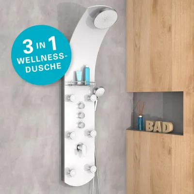 Produktbild von eisl Duschpaneel KARIBIK, Wellness Duschsystem mit Armatur und Regendusche,  Duschset aus Sicherheitsglas Weiß