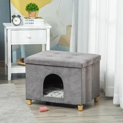 Produktbild von Katzenhöhle 2-in-1 Katzenhocker, Katzenhaus Katzenbett, Plüsch MDF Kiefernholz, Grau | 60 x 45 x 44,5 cm | bis 5 kg | waschbares Kissen