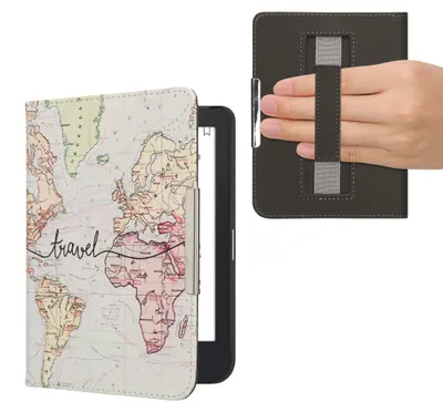 Produktbild von kwmobile Schutzhülle für Kobo Clara 2E / Tolino Shine 4 Hülle - eReader Flip Case mit Handschlaufe und Auto Sleep Funktion - Travel Schriftzug mit