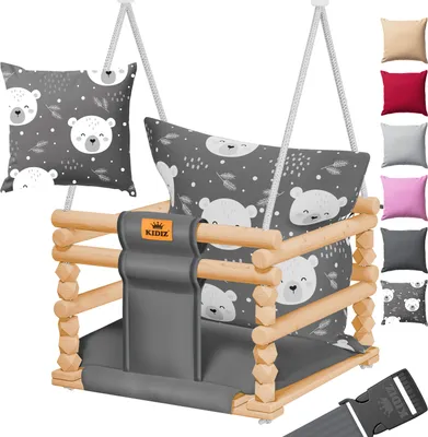 Produktbild von KIDIZ® Babyschaukel Kinderschaukel Schaukelsitz mit Polsterung | Holz-Schaukel mit Anti-Kipp bis 60KG | Höhenverstellbar Indoor & Outdoor | 0,5 - 3 Jahre | Montagezubehör & Sicherheitsgurt