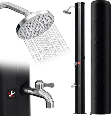 Produktbild von solardusche Garten 35 L | 217cm | gartendusche solar | warmes Wasser max. 60°C | Pooldusche mit Regenduschkopf und Wasserhahn | Außenduscheohne Stromansc hluss | Inkl. Schutzhaube | Schwarz
