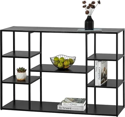 Image de Table console étroite et moderne de 120 cm, idéale pour l'entrée, placée derrière le canapé, avec des espaces de rangement. Étagère de 4 niveaux pour salon, chambre ou couloir (noire, 120 x 30 x 80 cm)