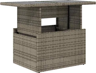A poly rattan garden table with a glass top, shown from a slightly elevated front-left angle against a white background.