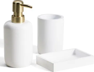 Produktbild von 3-teiliges Badezimmer-Set weiß mit Seifenspender und Becher
