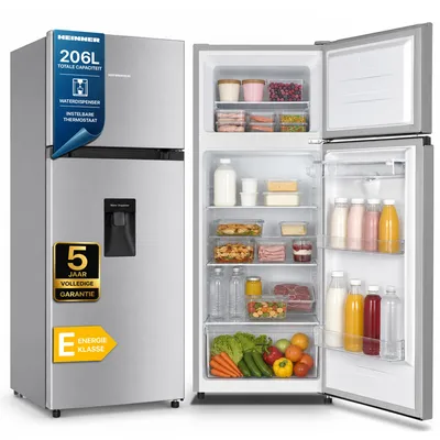 Productafbeelding van Heinner HF-HS205SWDE++ Koel-vriescombinatie 206 L, Waterdispenser, LED, Omkeerbare Deur, Zilver