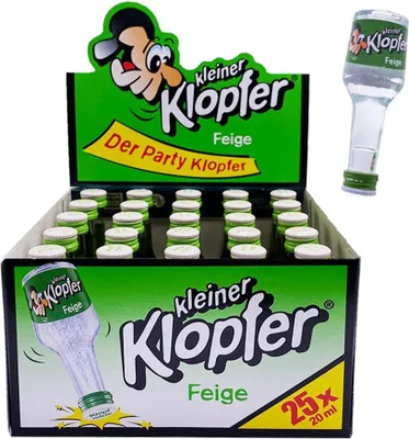 A display box of small bottles of Kleiner Klopfer Feige liqueur, with a single bottle shown separately.