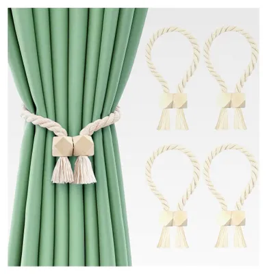 Produktbild von 4 Stück Magnetische Raffhalter aus Holz mit Quasten und Baumwollseil für Vorhänge (Beige)