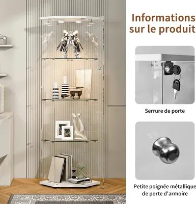 Obrázek produktu pro Pětiboká skleněná vitrína – vitrína pro sběratele – LED osvětlení – 4 police – 1 dvířka – kovový rám – černý podstavec