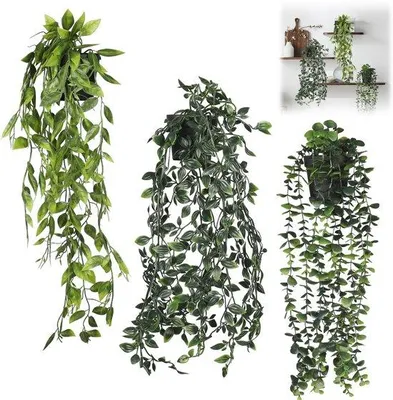 Image de Lot de 3 plantes suspendues artificielles, en plastique, 63/65/80 cm, sans entretien, pour l'intérieur et l'extérieur, décoration