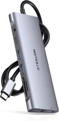 Produktbild von USB-C-Hub mit HDMI 4K, 8-in-1, 100 W PD, 3 USB 3.0-Anschlüsse, SD-Kartenleser, 1 m Kabel und 3,5-mm-Aux-Adapter