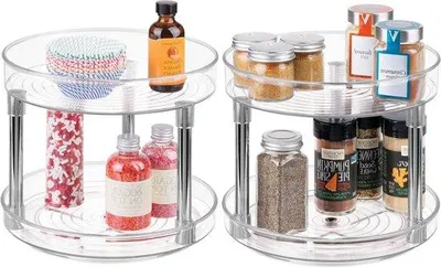 Produktbild von Drehbares Kräuterkorb für Küche und Bad - Opbergschrank für Kräuter, Gewürze und Döschen - 2-stufiges Drehplateau mit Lazy Susan - Set aus 2 - transparent und silber