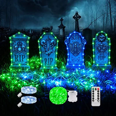 4 Halloween-Grabsteine mit LED-Lichterkette, Friedhofsdeko