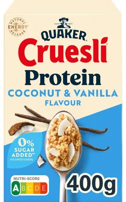 Produktbild von Quaker Cruesli Protein Kokos & Vanille, 400g – Knuspriges Müsli mit extra Protein