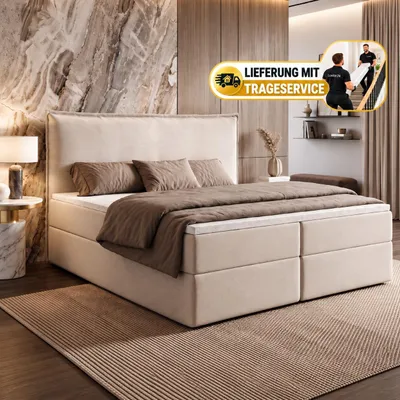 Produktbild von Boxspringbett 180x200 mit Bettkasten ARENO, Komplett-Set mit Bonell-Matratze H3 und Topper - Beige