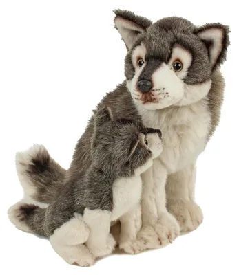 Produktbild von Kuscheltier Wolf mit Baby 27 cm sitzend grau/weiß Plüschwolf