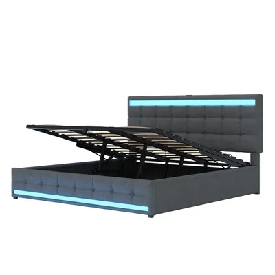 Produktbild von Flieks Polsterbett 180x200cm mit 2 USB, Boxspringbett Doppelbett mit Stauraum und Lattenrost, Jugendbett mit Led, Funktionsbett, Leinen, Grau