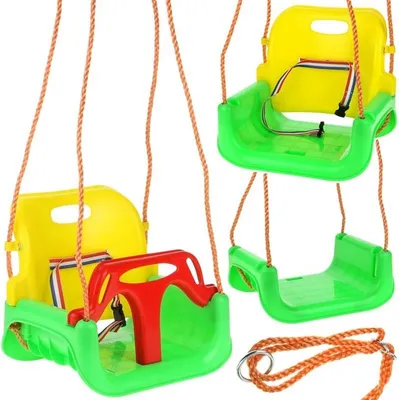 Three children's swings are displayed against a white background.