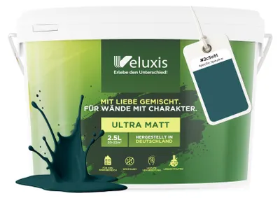 Produktbild von Wandfarbe Grün Blau Petrol Matt Innenfarbe – Deckkraft Klasse 1, VOC-frei, Ohne Grundierung, Tropfarm – Wohnzimmer & Schlafzimmer – 2,5L – Veluxis (Specific Spirulina)