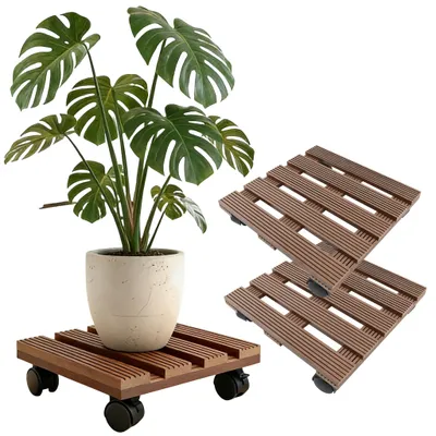 Produktbild von ACXIN 2 Stück WPC Pflanzenroller 30x30 cm Quadratisch Braun Topfroller vormontiert mit Bremsrollen Bodenschutz Untersetzer Innen‑Außen Einsatz Gerätetransport