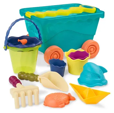 Produktbild von Sandspielzeug Kinder 10er Set mit Wagen Kunststoff Strandspielzeug bunt robust für Sandkasten Strand Garten Outdoor Spiel und Urlaub