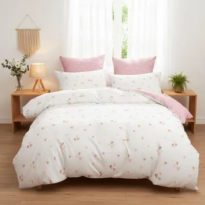 Produktbild von Bettwäsche-Set 200x220 cm Rosa Weiß Herz 3-teilig Mikrofaser mit Reißverschluss