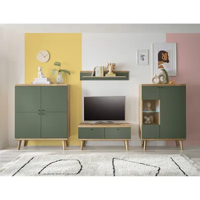 Produktbild von Anbauwand in Eiche mit grün AVEZZANO-61 Modern 4-teilig, inkl. Beleuchtung