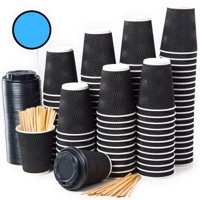 100 Doppelwand-Papierbecher 360 ml mit Deckeln & Rührstäbchen