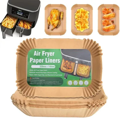 Image de 120 feuilles de papier de cuisson pour friteuses à air chaud à deux zones de température, format rectangulaire, 22 x 14 cm, compatibles avec les modèles Ninja AF300EU, AF400EU, Princess, Innsky et d'autres friteuses à air chaud à deux zones de température.