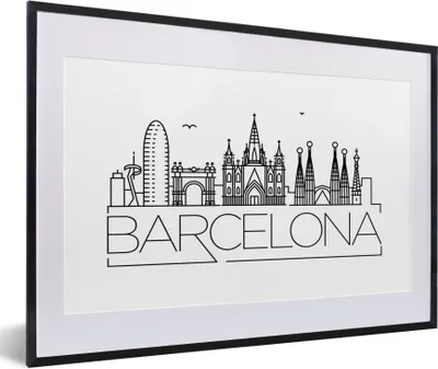 Produktbild von MuchoWow® MuchoWow® Gerahmtes Poster Skyline "Barcelona" schwarz auf weiß 60x40 cm - Poster mit zchwarzem Bilderrahmen - Schlafzimmer - Plakat in Rahmen - Drucken
