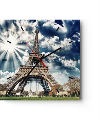Produktbild von Wanduhr - Quadrat - Glasuhr - Architektur gebäude stadt eiffel - 30x30cm - Schleichendes Uhrwerk - Lautlos - zum Aufhängen bereit - Dekoration Modern - Wanddekoration aus Glas - C3AC30x30-2435