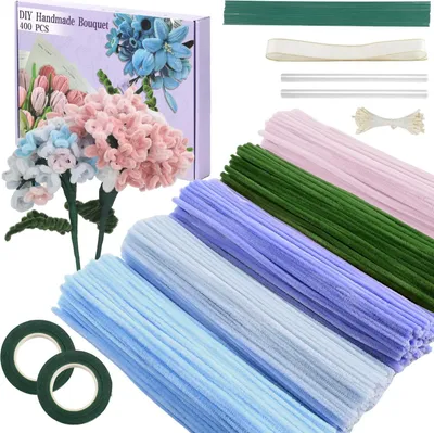 Produktbild von Pfeifenputzer zum Basteln Set, 400 Stš¹ck Pfeifenreiniger 5 Farben Blumenstrau? Pfeifenreiniger Blumen mit Geschenkband, Klebeband, Perlenaufn?her, Staubbl?tter fš¹r DIY Geschenke und