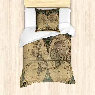 Produktbild von ABAKUHAUS Jahrgang Bettbezug Set, Detailierte Alte Karte des Weltgeschichtliche Geographie, 135 x 200 cm + 80 x 80 cm, Mehrfarbig