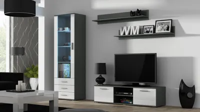 Produktbild von Furniture24 Wohnwand SOHO 7 modernes Wohnzimmer Grau  / Weiß Hochglanz