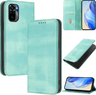 Produktbild von Handyhülle für Xiaomi Redmi Note 10 4G/Note 10s, Vintage Leder RFID Schutz Kartenfach Standfunktion Magnetische Klapphülle Türkis