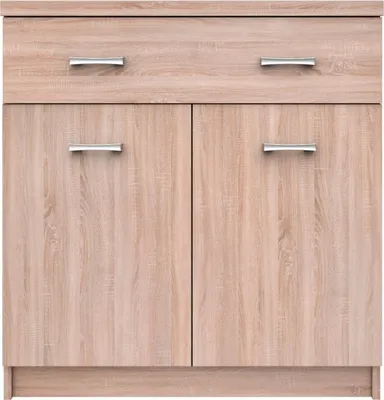 A front view of a light brown wooden cabinet with two doors and one drawer.