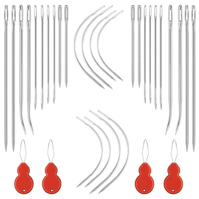 Produktbild von Nähnadel Set 14 Stück mit 2 Nadeleinfädler, gebogen und gerade, für Leder und Handwerk
