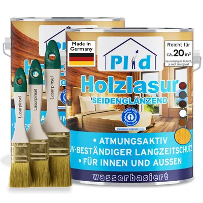 Produktbild von Plid Holzlasur 1,5L Kiefer für ca. 16m² + Lasurpinselset 3-tlg. – Holzschutz für Holzmöbel, Zäune, Türen & Gartenholz / Holzschutzlasur