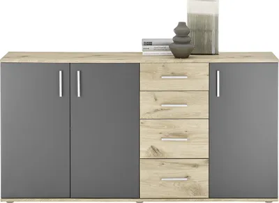 Produktbild von Kommode - 160 x 84 cm - 3 Türen - 4 Schubladen - Grau matt - Viking Eiche Nachbildung