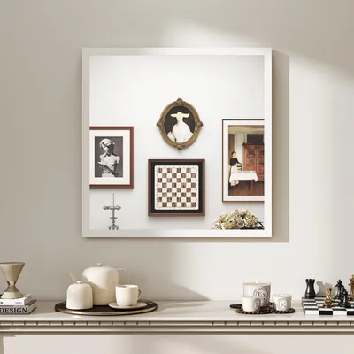 Produktbild von Quadratischer Wandspiegel 50 x 50 cm, wei?er Holzrahmen, ideal fš¹r Badezimmer, Wohnzimmer oder Schlafzimmer