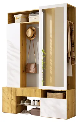 Produktbild von Moonbite Garderobenschrank mit Spiegel und Kleiderstange, Eingangsgarderobe 180 cm hoch, Schuhschrank, Haken, Ablagen, MDF-Platte, Natur
