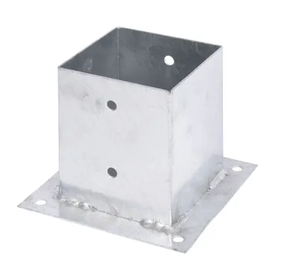 A silver metal post anchor with a square base and a square opening at the top, isolated on a white background.