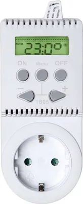 A white digital thermostat plug with a European socket.
